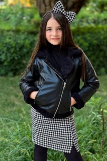Outwear - Girl's Leather Jacket Plush Detailed Crowbar Patterned 4-piece Black Skirt Suit 100351616 - Turkey