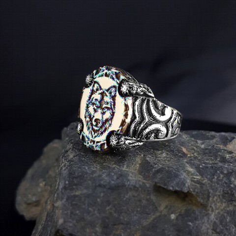Wolf Head Embroidered Edge Motif Sterling Silver Ring 100349759