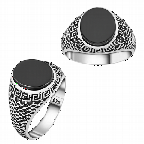 Greek Patterned Black Onyx Stone Silver Ring 100350326