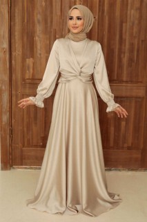 Evening & Party Dresses - Beige Hijab Evening Dress 100340039 - Turkey