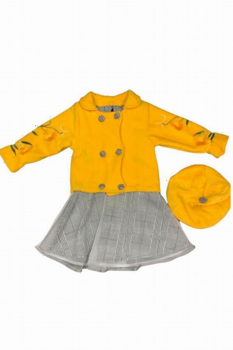 Outwear - Fille New Fleece Jacket and Beret Hat Plaid Yellow Dress 100328176 - Turkey