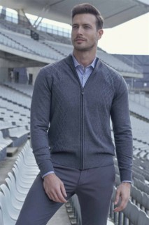 Knitwear Jacket - Dunkelgrauer Cardigan mit Reißverschluss aus Wolle in dynamischer Passform für Herren 100345168 - Turkey