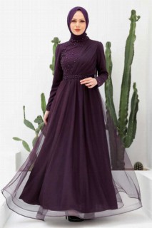Plum Color Hijab Evening Dress 100339824