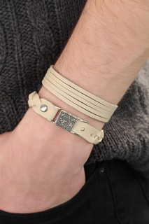 Cream Color Leather Men's Bracelet Combination With Metal Accessories 100318755