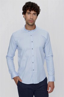 Shirt - قميص رجالي ذو ياقة كلاسيكية من الليكرا من الجبردين باللون الأزرق وقصة نحيفة وأكمام مطوية 100351060 - Turkey