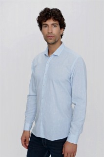 Top Wear - Men's Ice Blue Harmony Linen Long Sleeve Regular Fit Wide Cut Soft Collar Shirt 100351065 - Turkey
