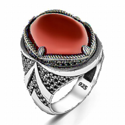 Red Agate Stone Edges Stone Detailed Sterling Silver Ring 100349131