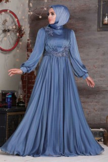 Evening & Party Dresses - Indigo Blue Hijab Evening Dress 100333865 - Turkey