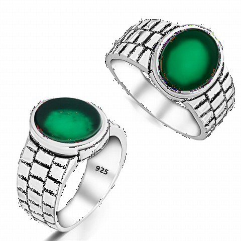 Men Shoes-Bags & Other - Green Agate Stone Watchband Motif Sterling Silver Ring 100350263 - Turkey
