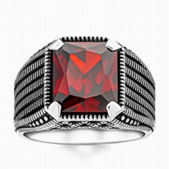Simple 925 Sterling Silver Ring With Red Zircon Stone 100346359