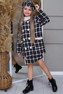 Outwear - Girl Checked Patterned Buttoned Front Beret Hat and Black Skirt Suit 100351628 - Turkey