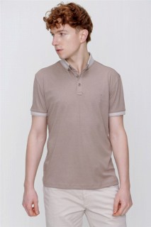 Men's Beige Mercerized Buttoned Collar Dynamic Fit Comfortable T-Shirt 100350712
