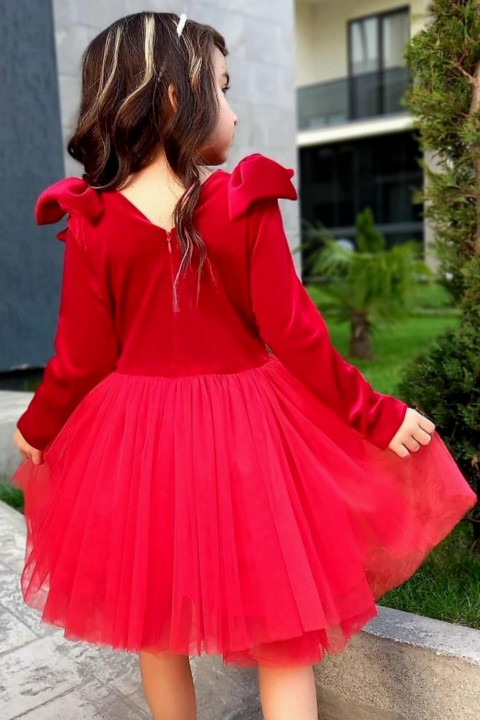 Girl's Pearl Crowned Bow Detailed Red Velvet Evening Dress 100327083
