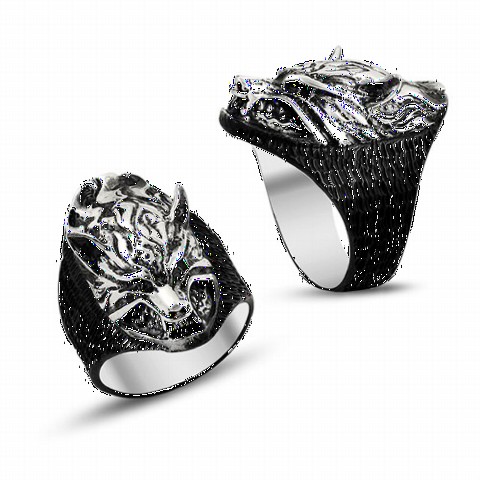 Animal Rings - Special Black Ground Wolf Head Motif Sterling Silver Men's Ring 100348838 - Turkey