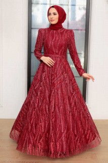 Woman - Claret Red Hijab Evening Dress 100341039 - Turkey