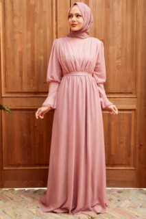 Woman - Powder Pink Hijab Evening Dress 100339518 - Turkey