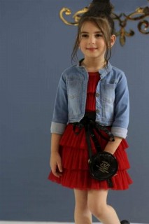 Kids - Girl's Four-piece Red Dress With Layered Tulle Collar Transparent Detailed Denim Jacket 100328666 - Turkey