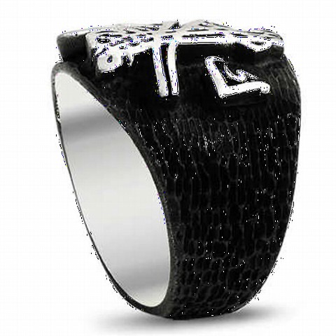 Silver Rings 925 - Special Black Ground Tugra Motif Sterling Silver Men's Ring 100348464 - Turkey