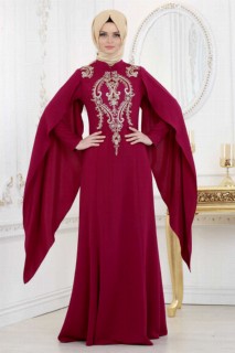 Woman Clothing - Dark Purple Hijab Evening Dress 100299166 - Turkey