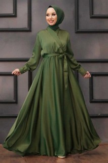Wedding & Evening - Oil Green Hijab Evening Dress 100337849 - Turkey