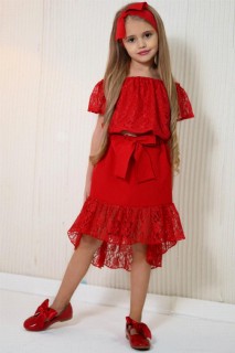 Girls - Girls' Lace Embroidered Off-the-Shoulder and Waist Tie Red Skirt Suit 100327291 - Turkey