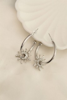 Earrings - Silver Color Zircon Stone Sun Figured Hoop Earrings 100319966 - Turkey