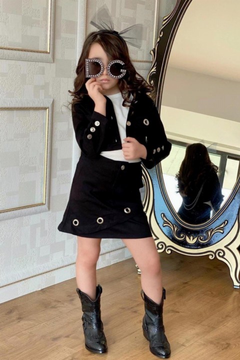 Girl's Back Chain and Button Detailed 4-piece Black Skirt Suit 100327407