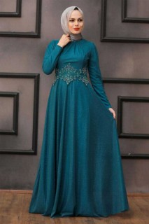 Wedding & Evening - İndigo Blue Hijab Evening Dress 100337283 - Turkey