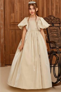 Evening Dress - Robe de soirée beige pour fille avec col à manches pastèque en tulle et couronne de princesse 100328265 - Turkey