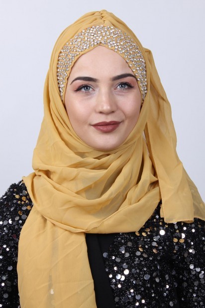 Ready to wear Hijab-Shawl - شال بتصميم ستون بونيلي ذهبي أصفر - Turkey