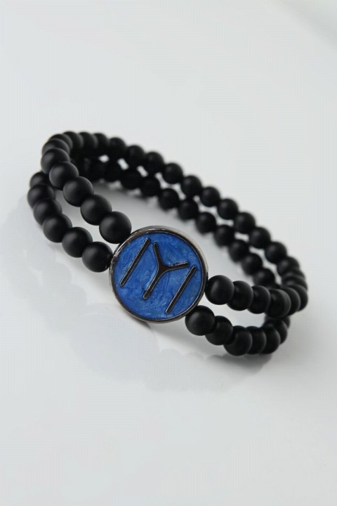 Black Color Double Row Natural Stone Men's Bracelet With A KayÄ± Length Figure On Dark Blue Metal 100318652