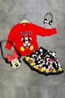 Outwear - Mädchen-Anzug mit bedruckter Minnie Mouse-Tasche und gekröntem Rock mit roten Tupfen 100327231 - Turkey