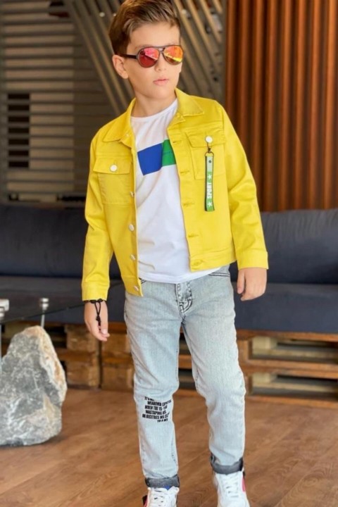 Boy's Merci Pocket Mascot Detailed Denim Jacket and Trousers 3-Pack Yellow Bottom Top Suit 100327403