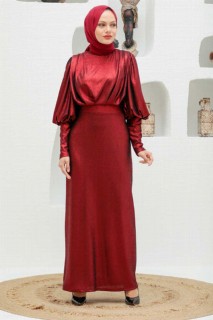 Woman - Claret Red Hijab Evening Dress 100339340 - Turkey