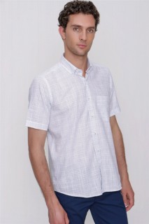Shirt - Men's Blue Linen Regular Fit Comfy Cut Short Sleeved Pocket Shirt 100351401 - Turkey