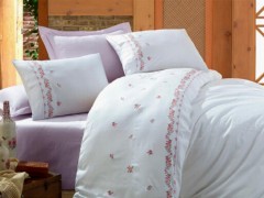 Duvet Cover Sets - Tamarisk Embroidered Cotton Satin Duvet Cover Set Cream Plum 100344783 - Turkey