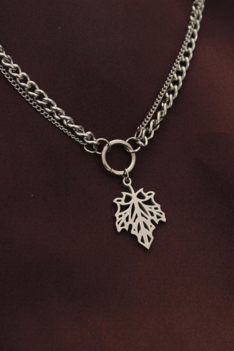 Necklaces - Steel Silver Color Double Chain Leaf Necklace 100320024 - Turkey