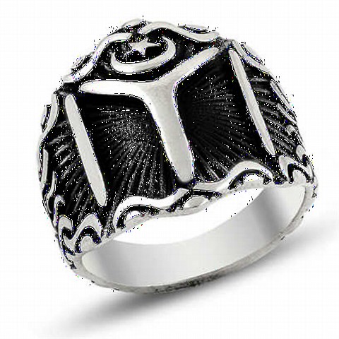 mix - Special Black Background Kayi-Length Motif Moon and Star Silver Men's Ring 100348537 - Turkey