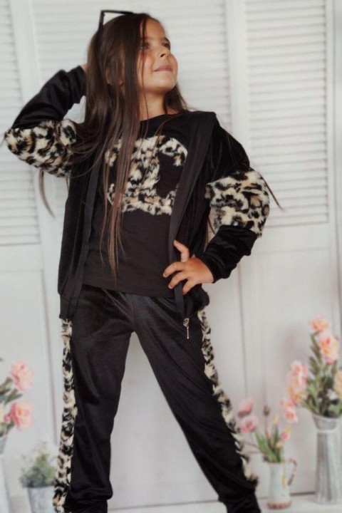 Girl Leopard Patterned Plush Velvet Black Tracksuit Suit 100326849