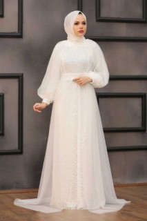 Wedding & Evening - Ecru Hijab Evening Dress 100337566 - Turkey