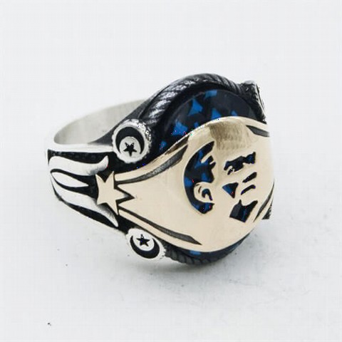Atatürk Silhouette Blue Zircon Stone Silver Men's Ring 100348930