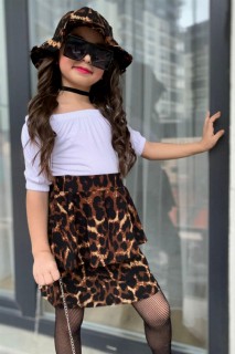 Girl Boat Collar Blouse and Hat Leopard Skirt Suit 100327414