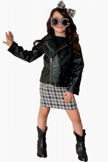 Boys Colored Stone Embroidered Leather Jacket and Skirt Suit 100327827