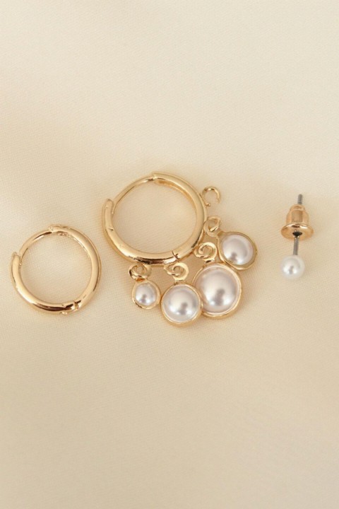 Earrings - Gold Color Pearl Hoop Earring Set 100320109 - Turkey