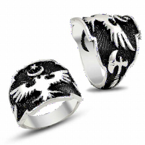Animal Rings - Special Black Ground Ax Patterned Double Headed Eagle Model Silver Men's Ring 100348588 - Turkey