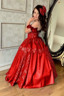Girl's Collar Transparent And Pulp Detailed Red Evening Dress 100328297