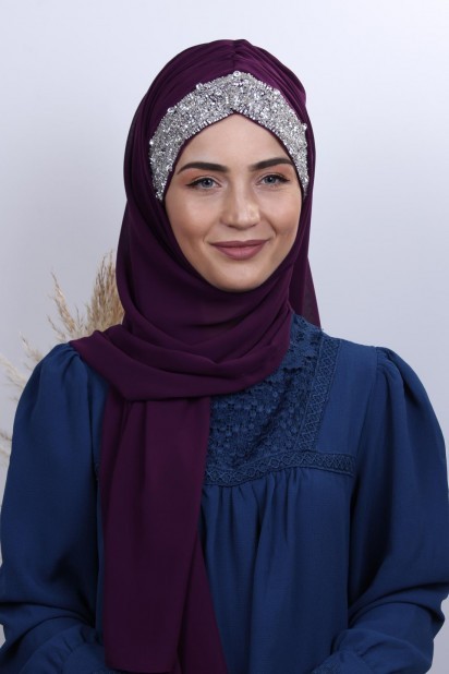 Woman Hijab & Scarf - Stone Design Bonnet Shawl Plum 100282982 - Turkey