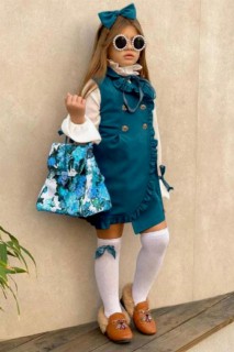 Girl Clothing - فستان بناتي شيفون بأزرار منفوشة بلون أزرق بترولي 100327063 - Turkey