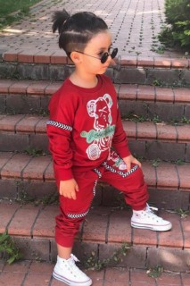 Boys Teddy Bear Printed Stripe Detailed Crew Neck Red Tracksuit Suit 100344695