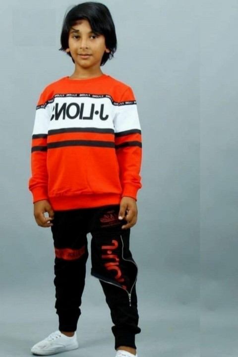 Boys Zipper Detailed Striped Red Tracksuit 100326899